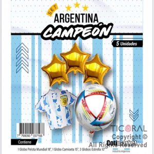 SET DE GLOBOS METALIZADO ARGENTINA CAMPEONES 3 ESTRELLAS 5 UNIDADES X 1